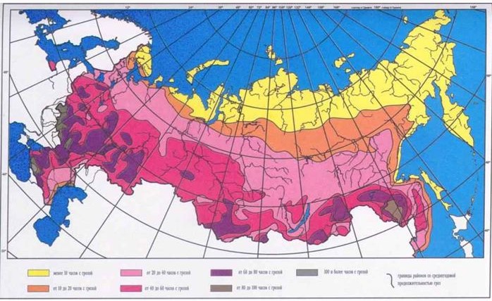 Рис. 2.5.3. Карта районирования территории РФ по среднегодовой продолжительности гроз в часах