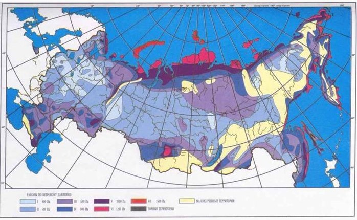 Рис. 2.5.1. Карта районирования территории РФ по ветровому давлению